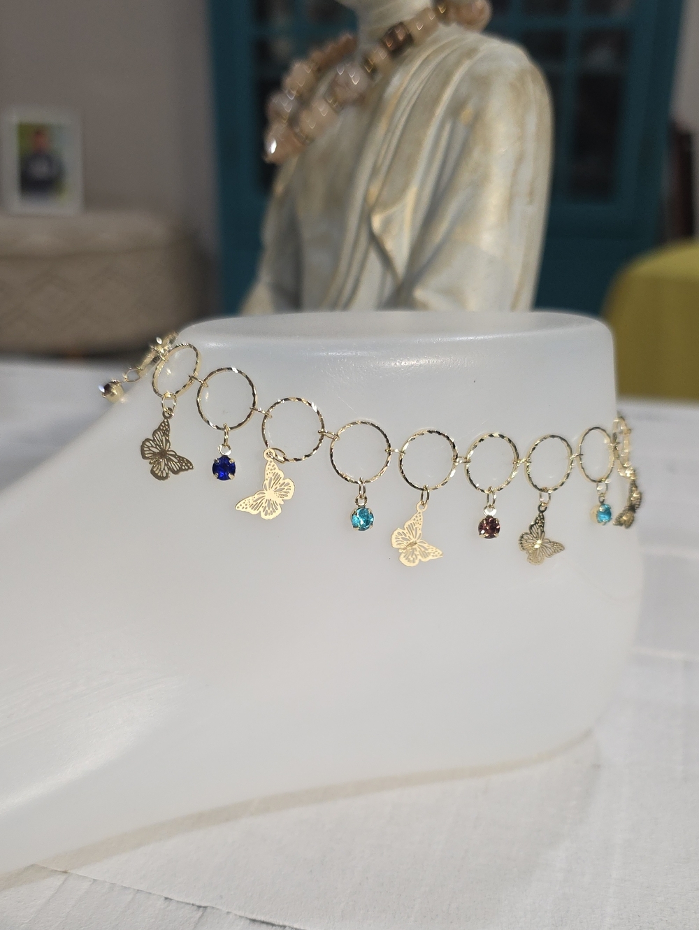 14k Gold Plated Butterfly Charm Ankle Bracelet with Multi-Colored Crystals
